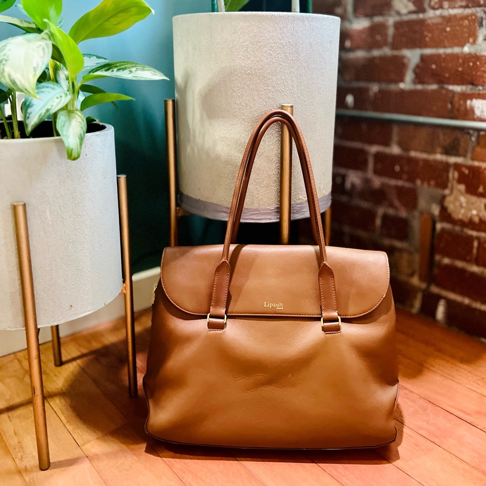 Lipault Paris Plume Elegance Leather Laptop Tote Bag Cognac